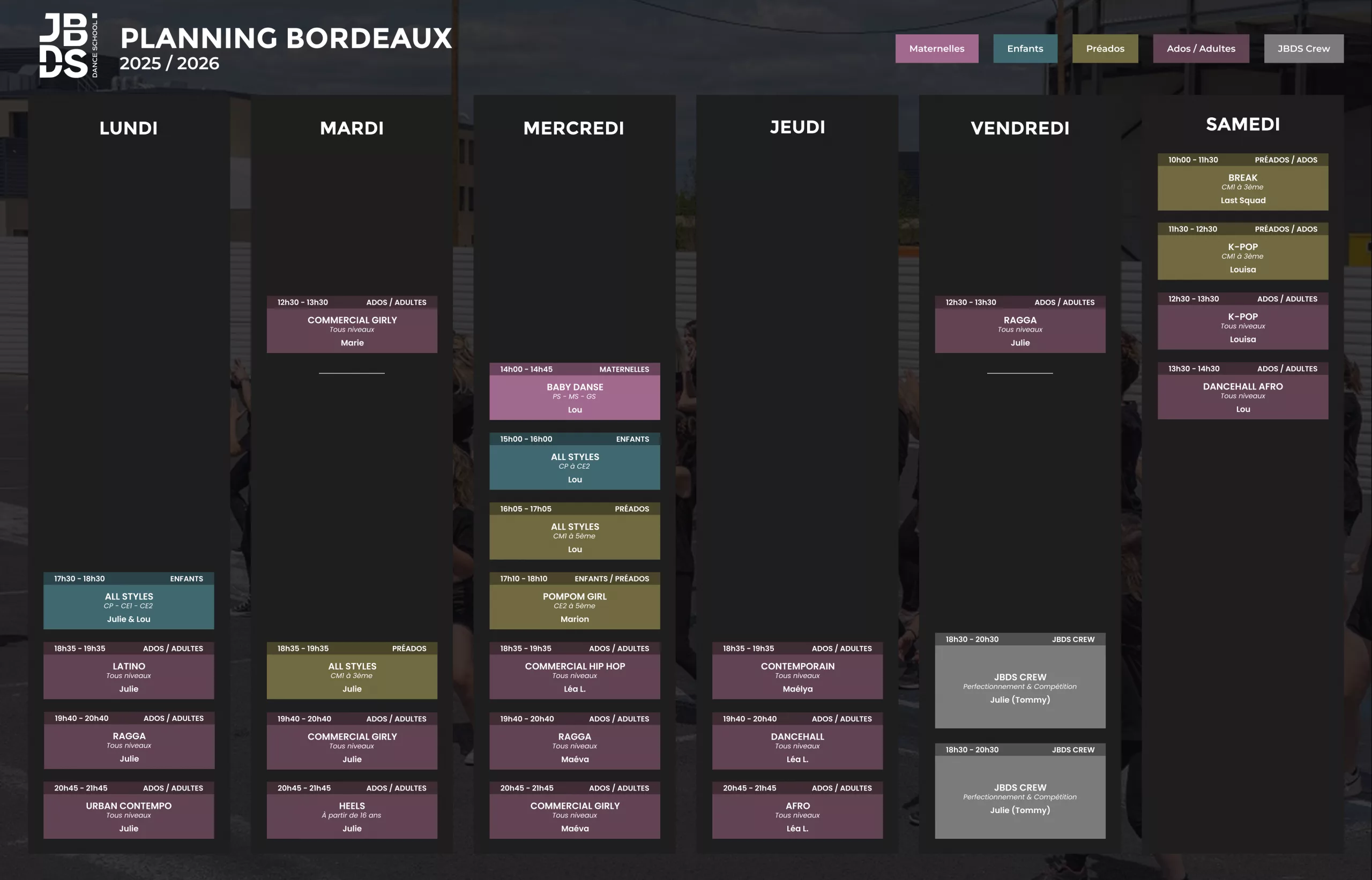 Planning 2025/2026 - Bordeaux - JBDS Danceschool