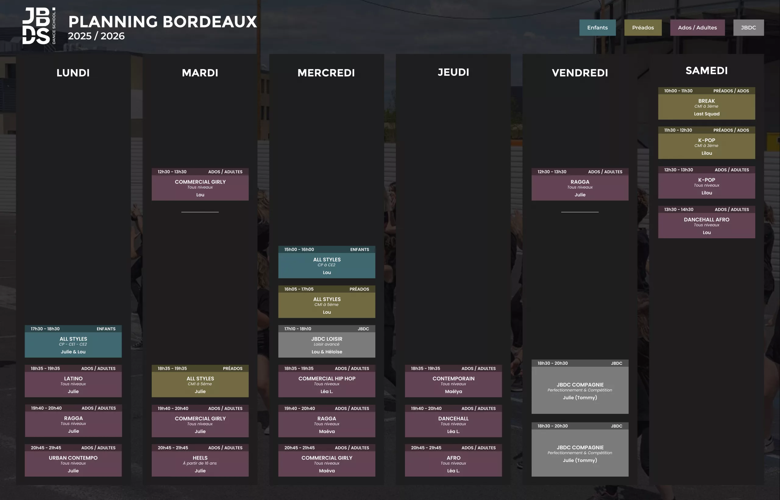 Planning 2025/2026 - Bordeaux - JBDS Danceschool
